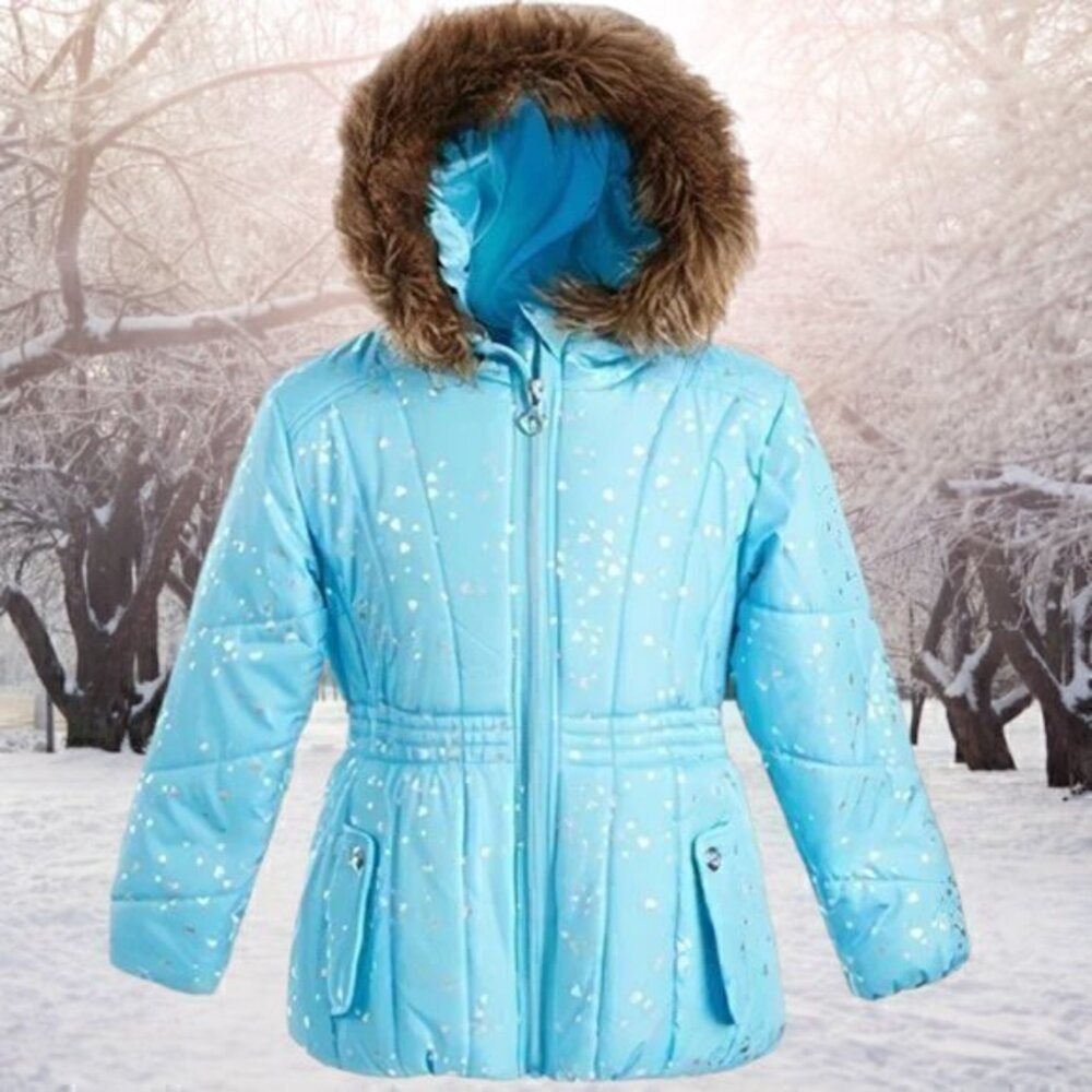 S Rothschild & Co Little Girls Hooded Foil-Print Jacket with Faux-Fur Tr…